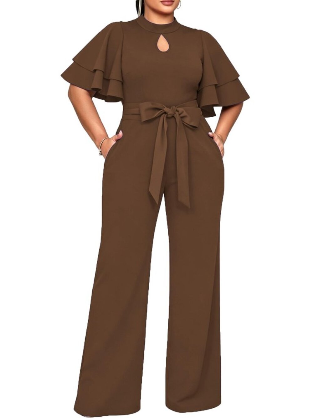 Formal Jumpsuits for Women Loose Ruffle Belted Wide Leg Pant Romper